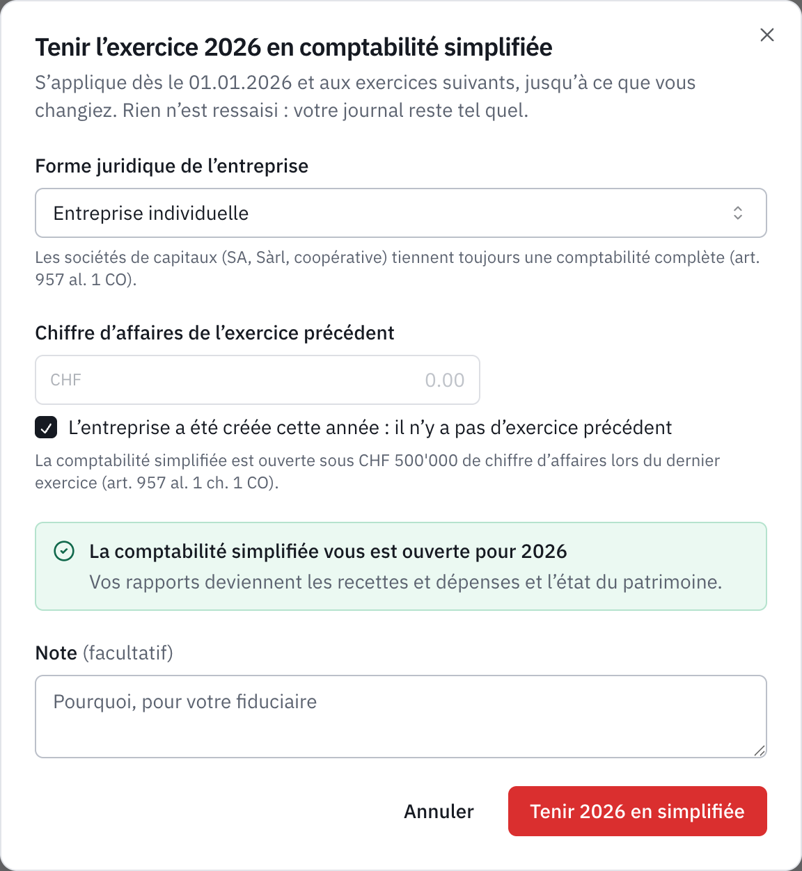 La fenêtre Tenir l’exercice 2026 en comptabilité simplifiée : entreprise individuelle créée cette année, et le message La comptabilité simplifiée vous est ouverte pour 2026.