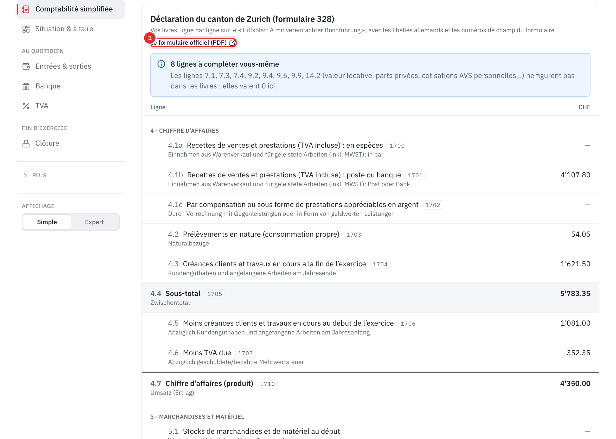 La vue Déclaration ZH 328 : le lien vers le formulaire officiel, les lignes à compléter vous-même et les lignes du chiffre d’affaires.