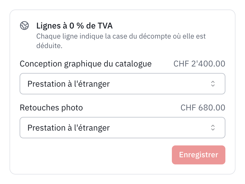 Le cadre Lignes à 0 % de TVA d’une facture à un client en Allemagne : les deux lignes classées Prestation à l’étranger.