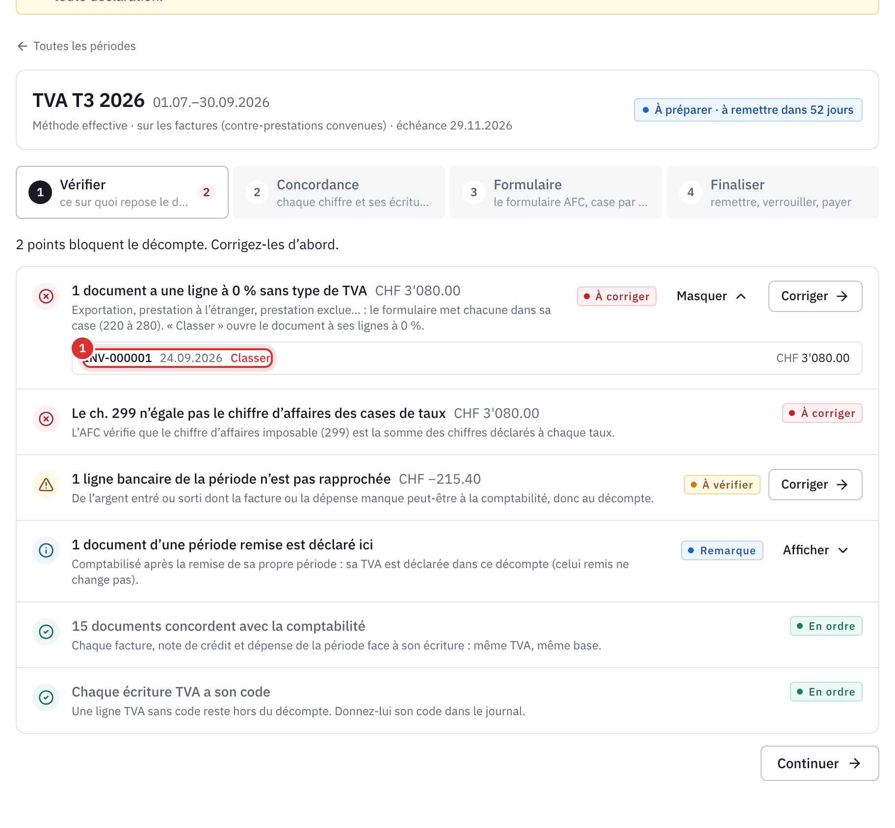 L’étape Vérifier du T3 2026 : une ligne à 0 % sans type de TVA à corriger, avec le lien Classer, une ligne bancaire non rapprochée et un document tardif.