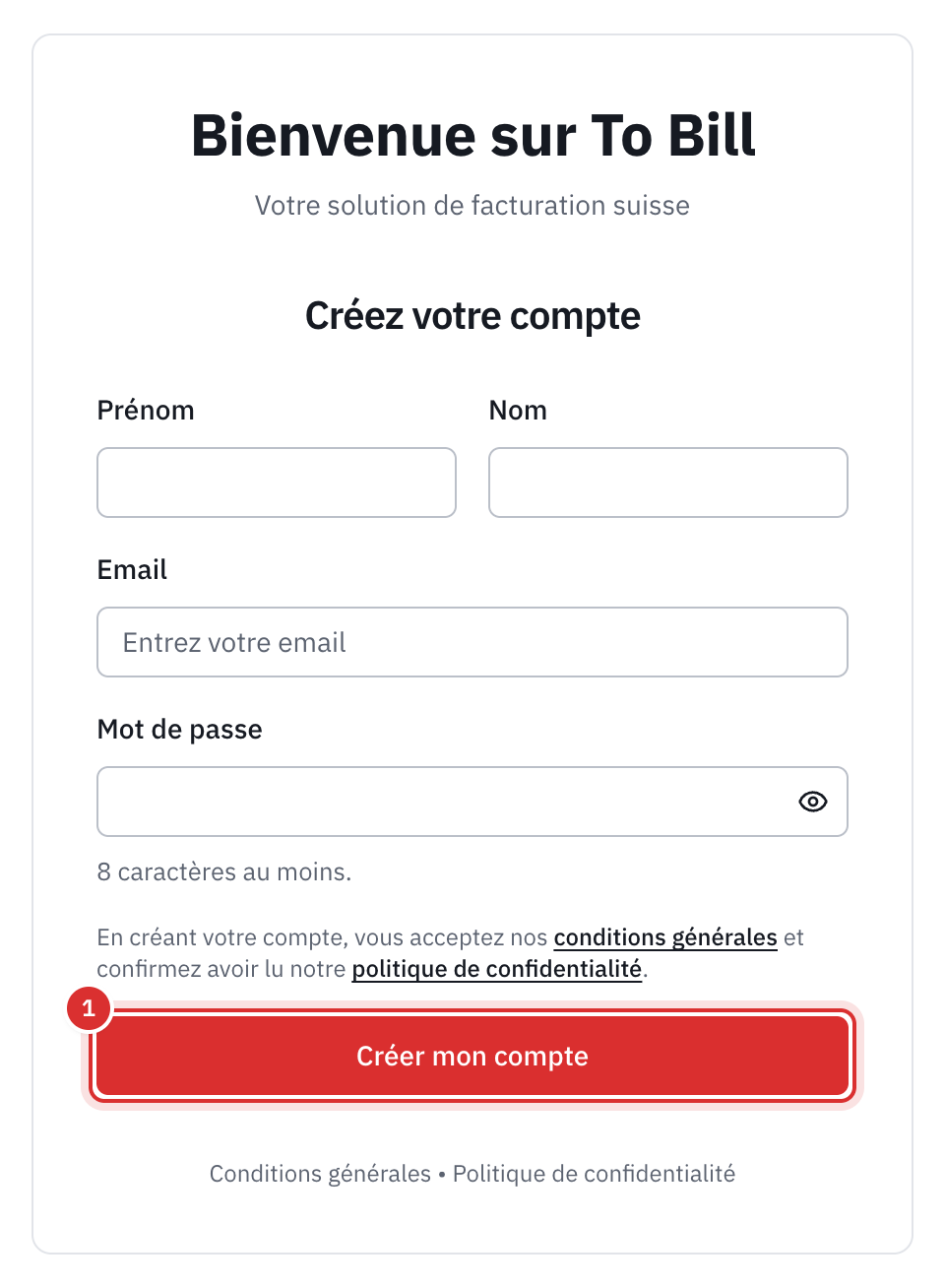 Le formulaire Créez votre compte : prénom, nom, e-mail, mot de passe, la phrase sur les conditions générales et le bouton Créer mon compte.