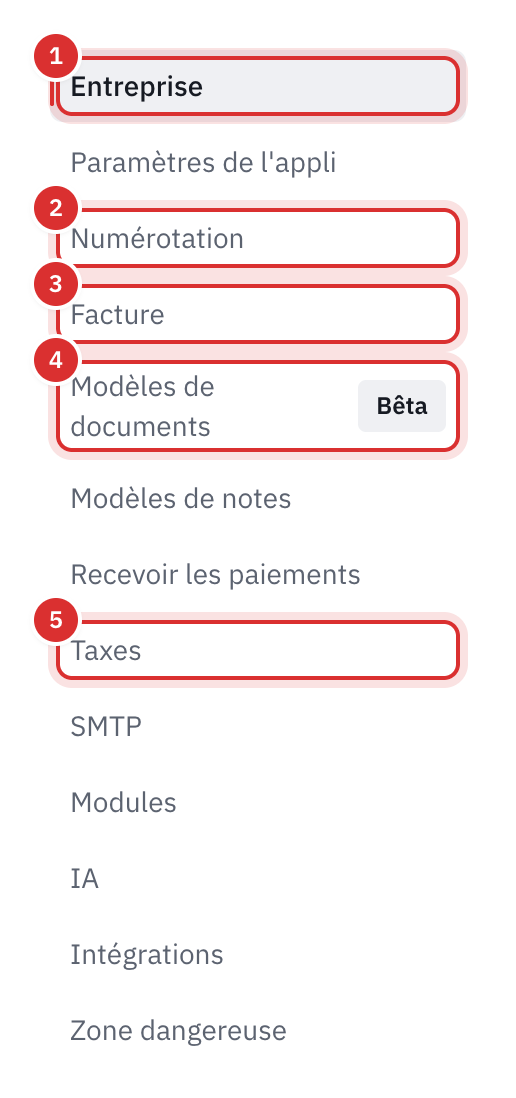 Le menu des paramètres, avec Entreprise, Numérotation, Facture, Modèles de documents et Taxes encadrés.