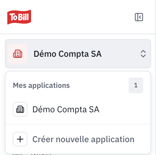 Le sélecteur d’entreprise ouvert : Mes applications, l’entreprise actuelle et Créer nouvelle application.