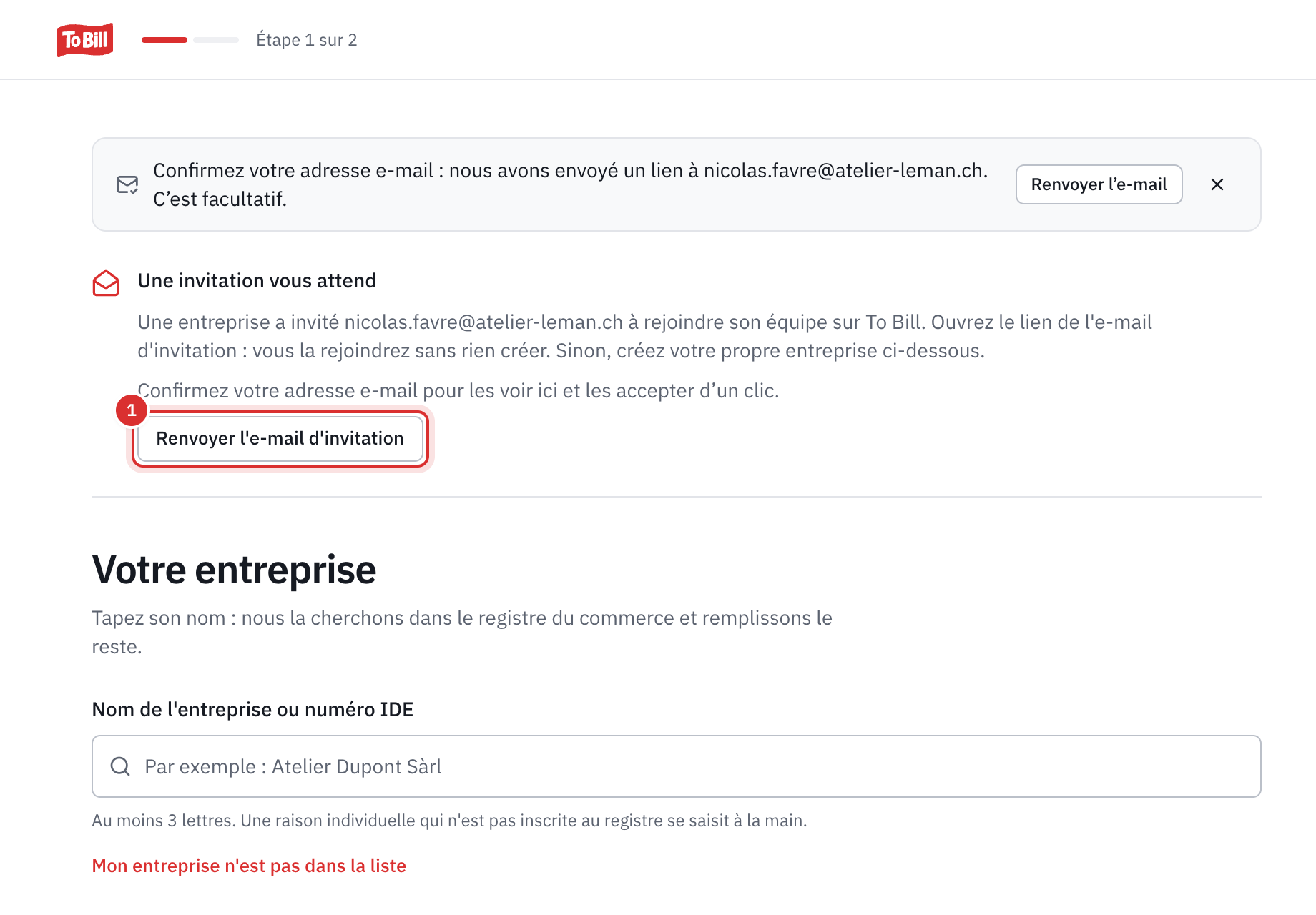 L’écran Votre entreprise d’un compte qui vient d’être créé : le rappel Confirmez votre adresse e-mail, puis Une invitation vous attend, avec la phrase sur la confirmation de l’adresse et le bouton Renvoyer l’e-mail d’invitation.