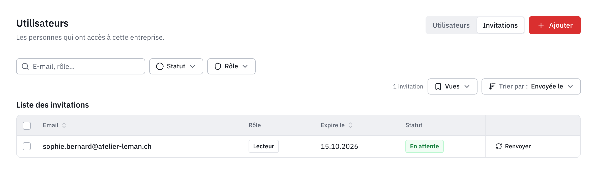 La liste des invitations : l’e-mail, le rôle Lecteur, la date d’expiration, le statut En attente et le bouton Renvoyer.