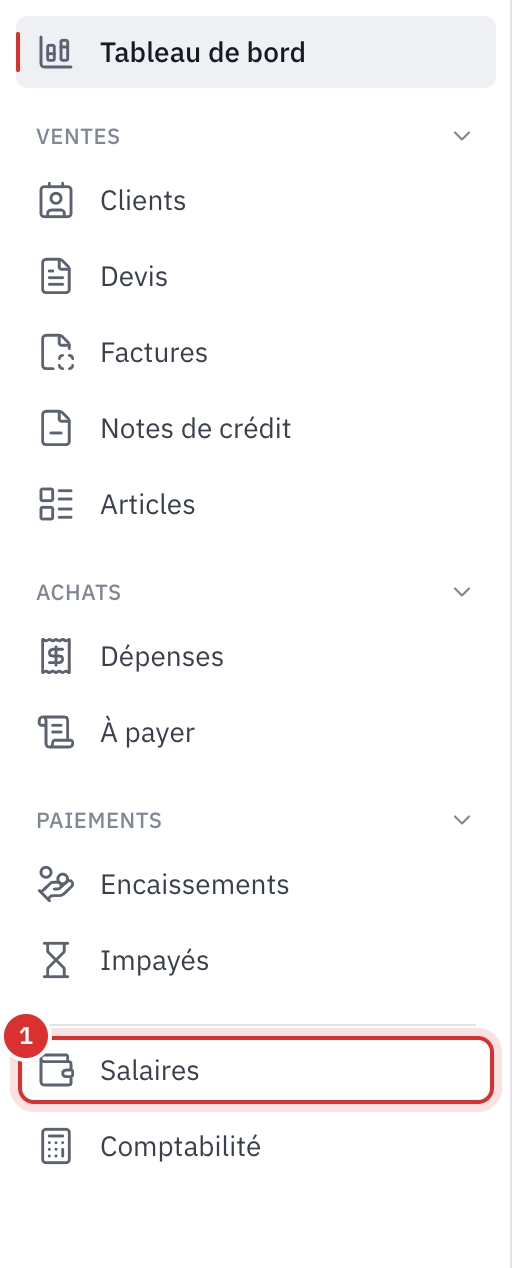 Le menu de gauche : Ventes, Achats et Paiements, puis la nouvelle entrée Salaires, avant Comptabilité.