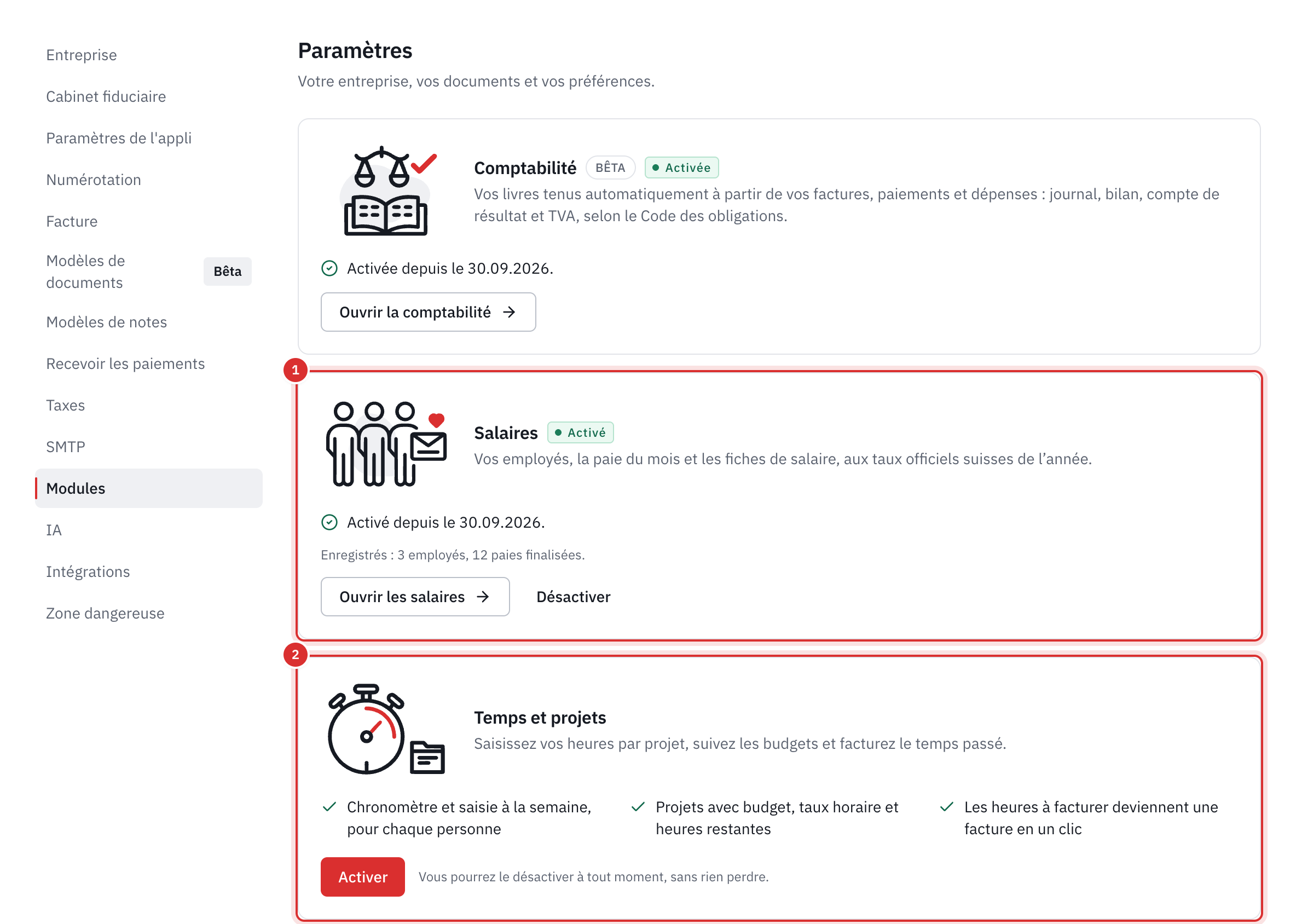 L’onglet Modules : la comptabilité et les salaires activés, avec Ouvrir et Désactiver, et Temps et projets avec le bouton Activer.