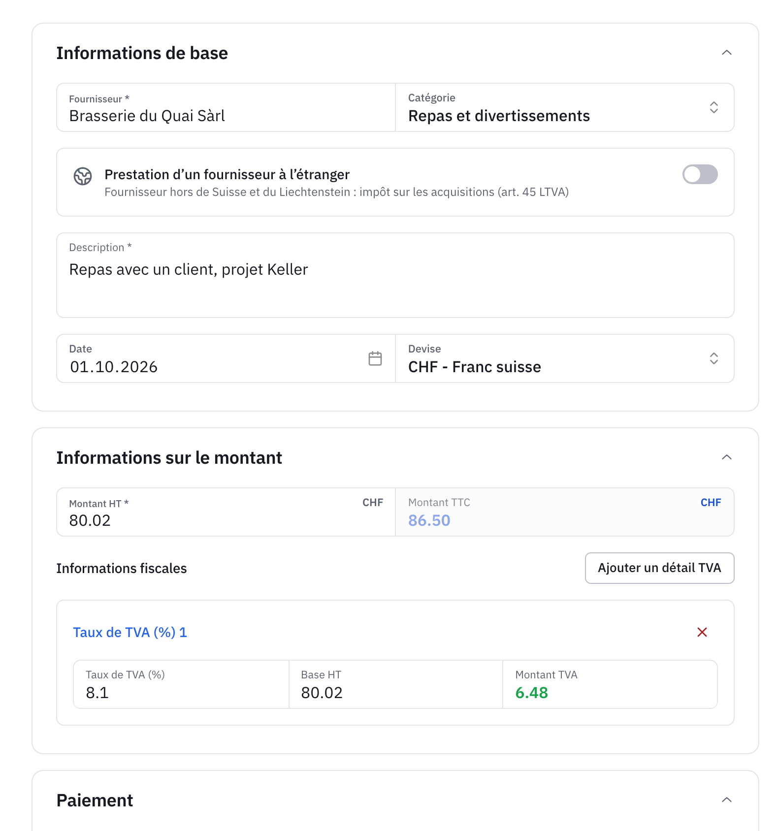 Les sections Informations de base et Informations sur le montant : fournisseur, catégorie, description, date, devise, montant HT, montant TTC et un taux de TVA de 8,1 %.