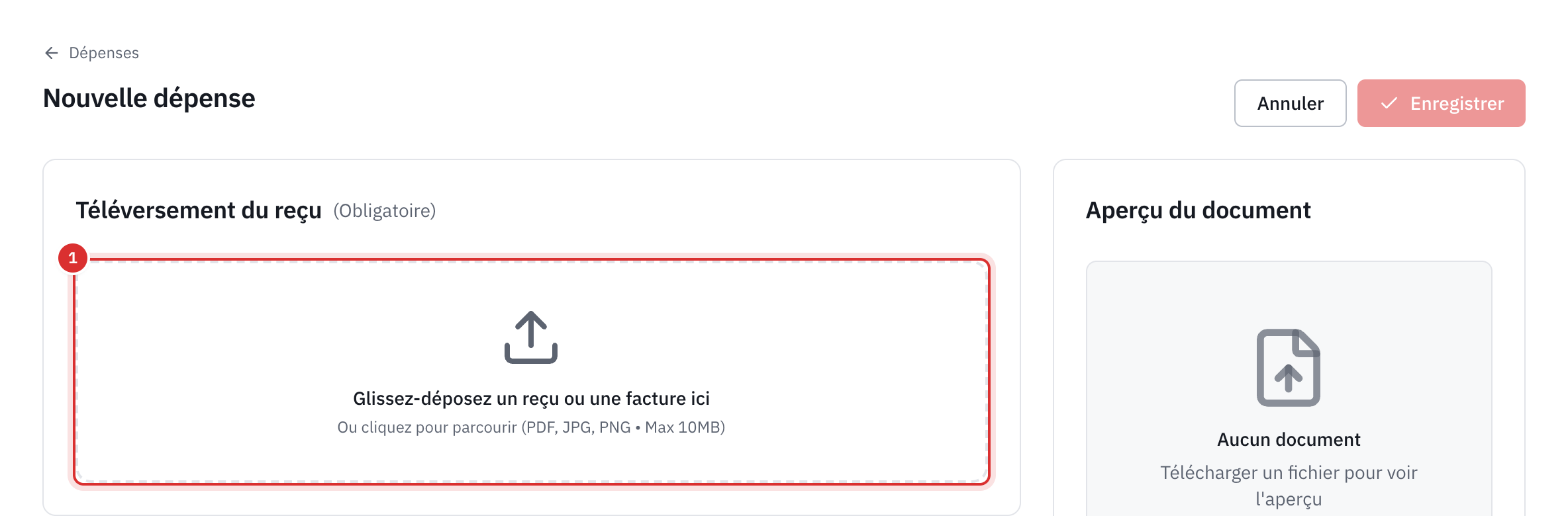 La page Nouvelle dépense : le cadre Téléversement du reçu, marqué Obligatoire, et l’aperçu du document à droite.