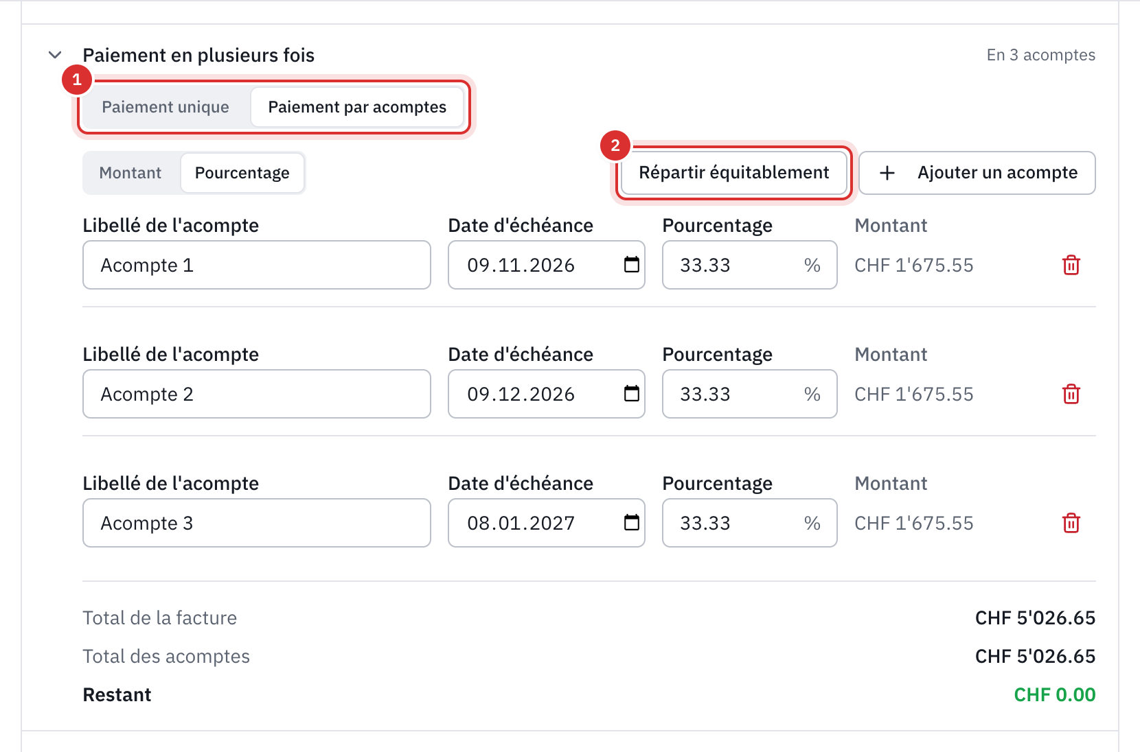 L’option Paiement en plusieurs fois ouverte, avec Paiement par acomptes choisi : trois acomptes de 33,33 % avec leur échéance et leur montant, le total de la facture et le restant à 0.