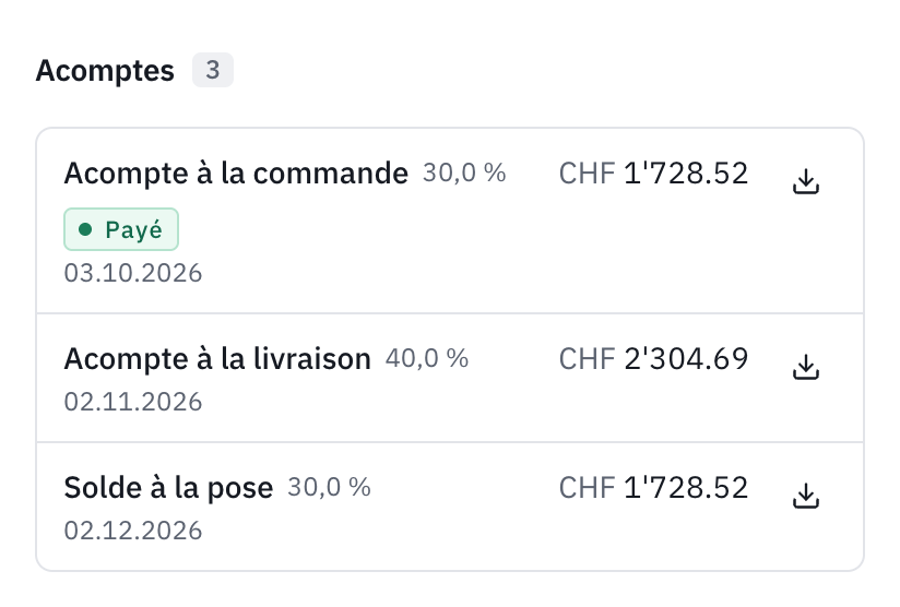 La section Acomptes d’une facture : l’acompte à la commande payé, l’acompte à la livraison et le solde à la pose avec leurs échéances et leurs montants.