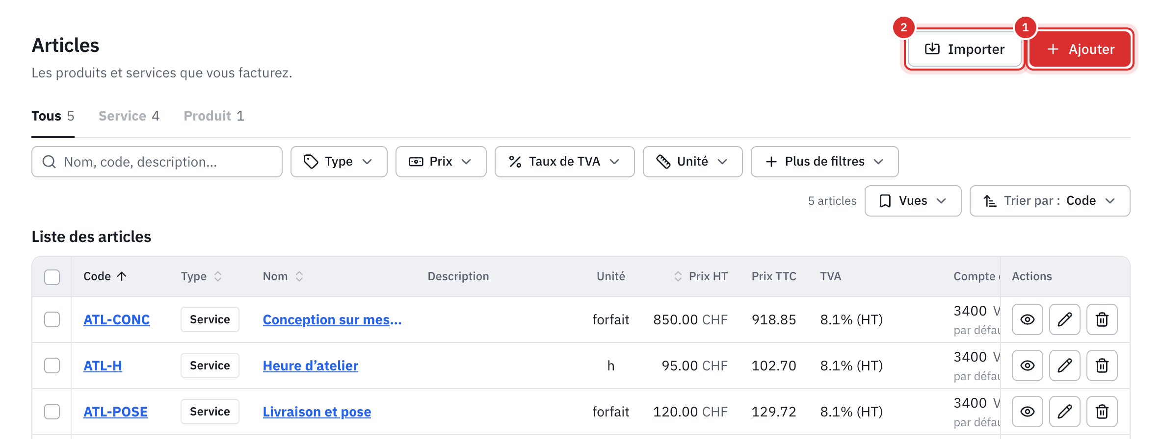 La liste des articles avec leur code, leur type, leur prix HT et TTC, leur TVA et leur compte de ventes.