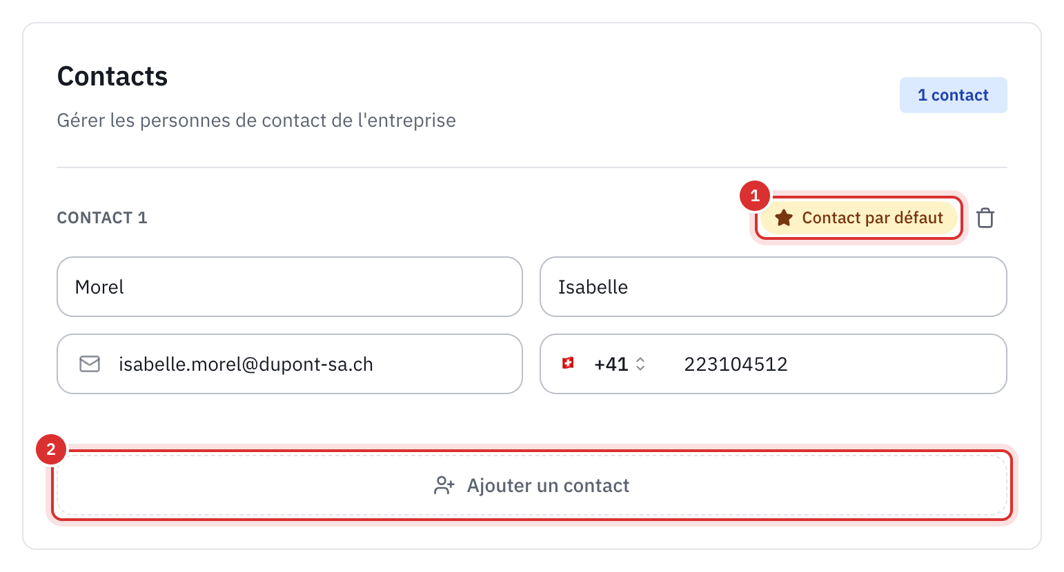 La section Contacts de la fiche d’une entreprise, avec un contact par défaut et le bouton Ajouter un contact.