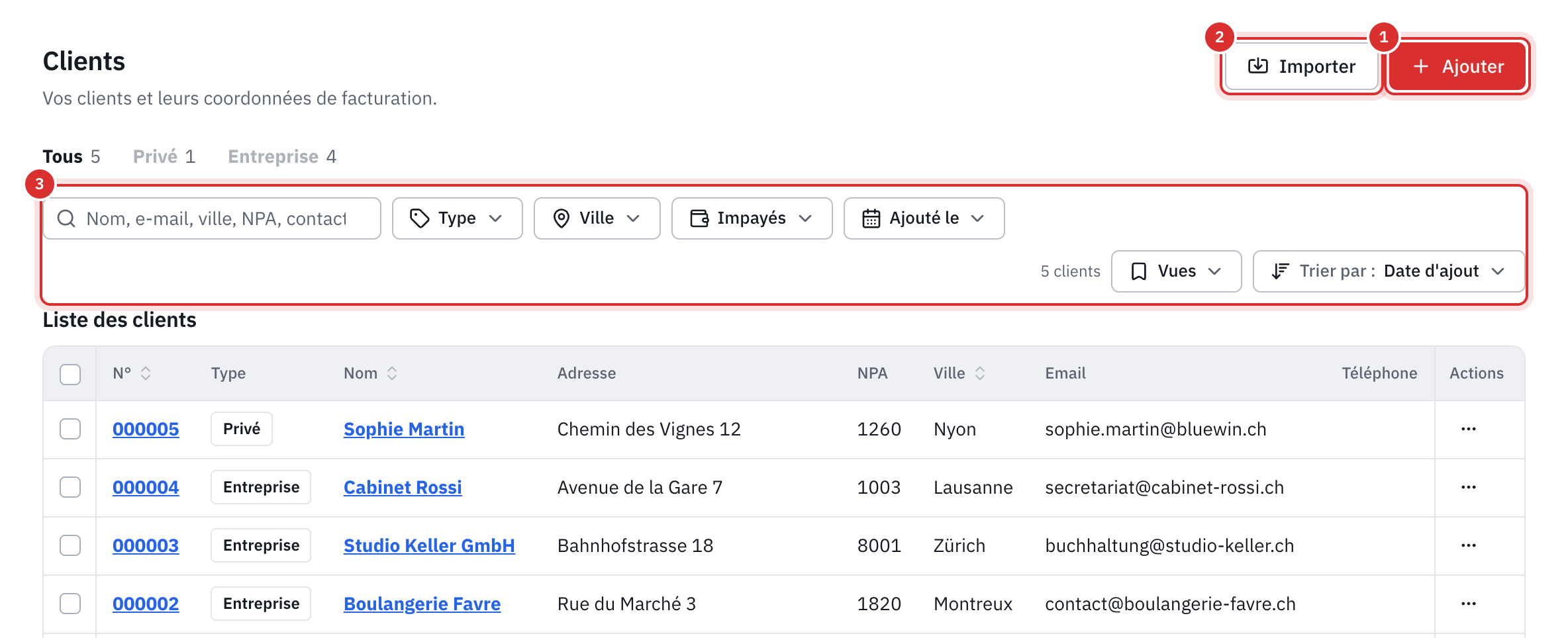 La liste des clients : les boutons Ajouter et Importer, les onglets Tous, Privé et Entreprise, la barre de recherche et de filtres, puis le tableau.