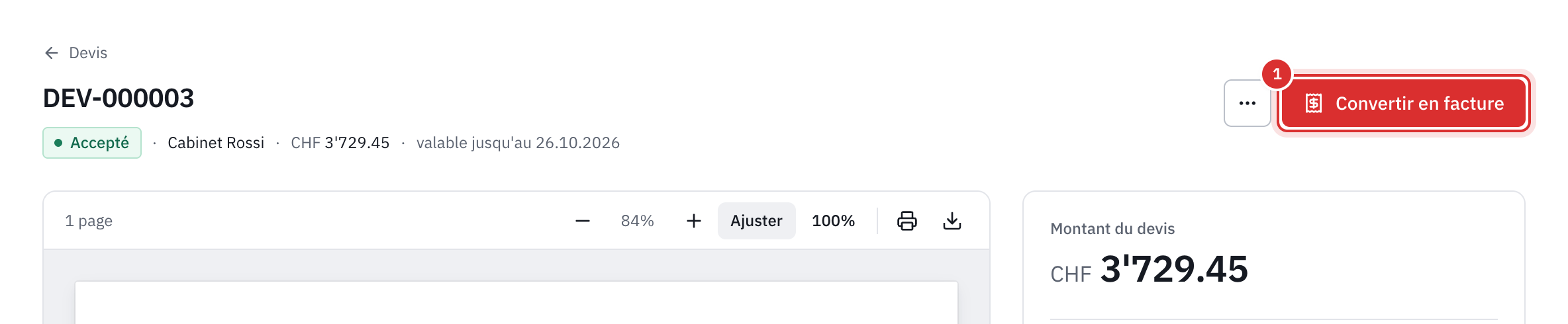 L’en-tête d’un devis accepté, avec le bouton Convertir en facture.