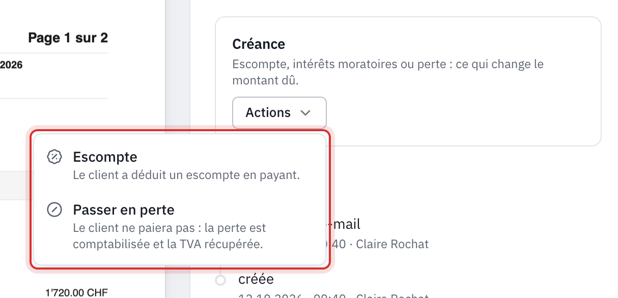 Le panneau Créance d’une facture avec le menu Actions ouvert : Escompte et Passer en perte.