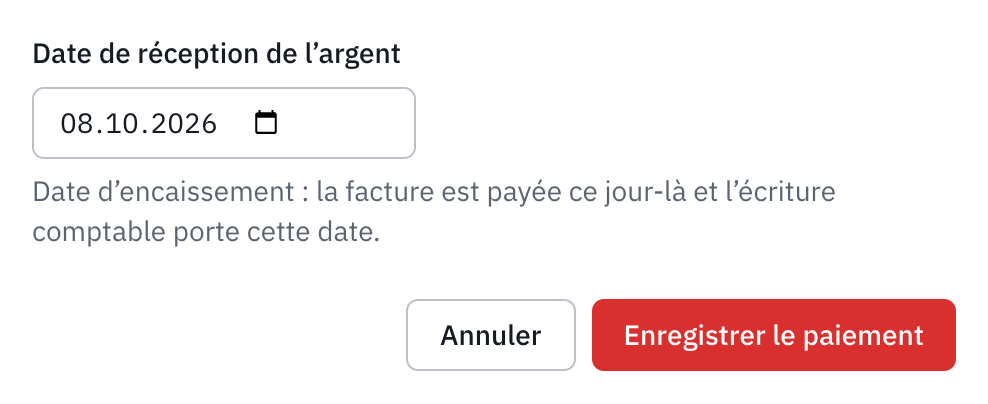 La fenêtre Marquer la facture comme payée, avec la date de réception de l’argent et le bouton Enregistrer le paiement.