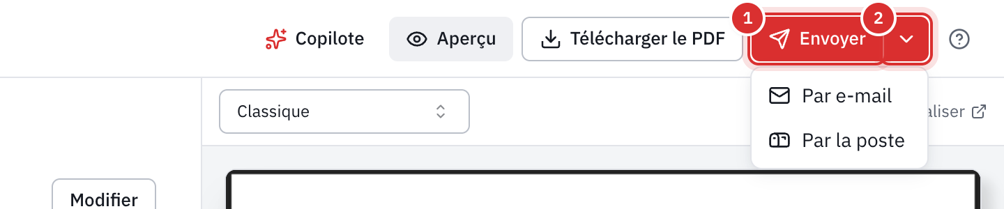 Le haut de l’éditeur d’une facture : le bouton Envoyer et sa flèche ouverte, avec Par e-mail et Par la poste.