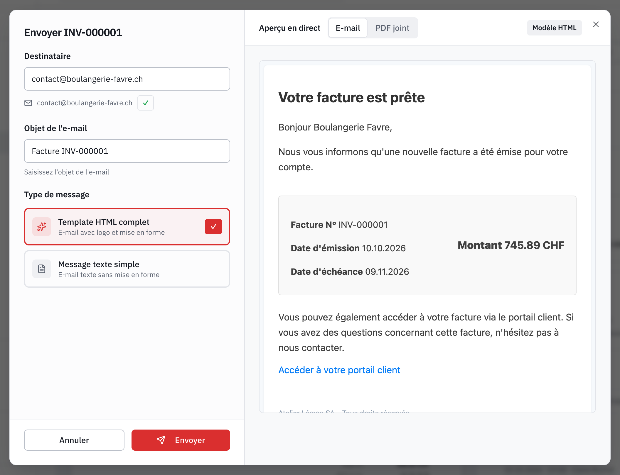 La fenêtre d’envoi : le destinataire, les autres contacts, l’objet, le type de message et l’aperçu de l’e-mail avec le lien vers le portail client.