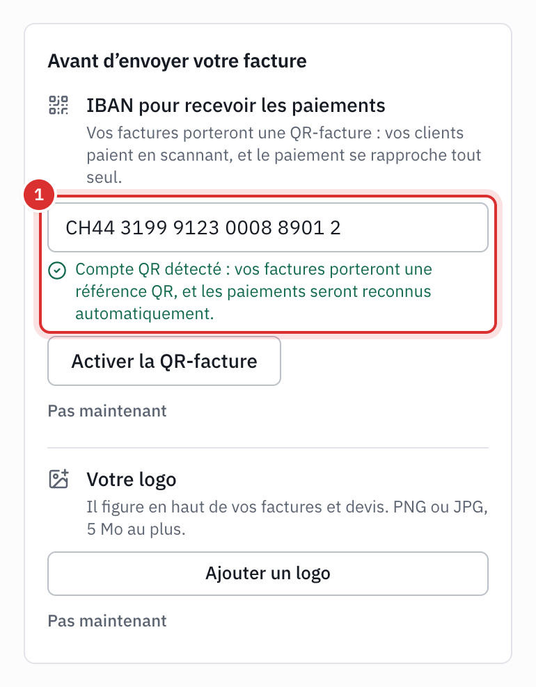 El recuadro Antes de enviar su factura: un QR-IBAN pegado en IBAN para recibir los pagos, la línea Cuenta QR detectada y el botón Activar la factura QR.