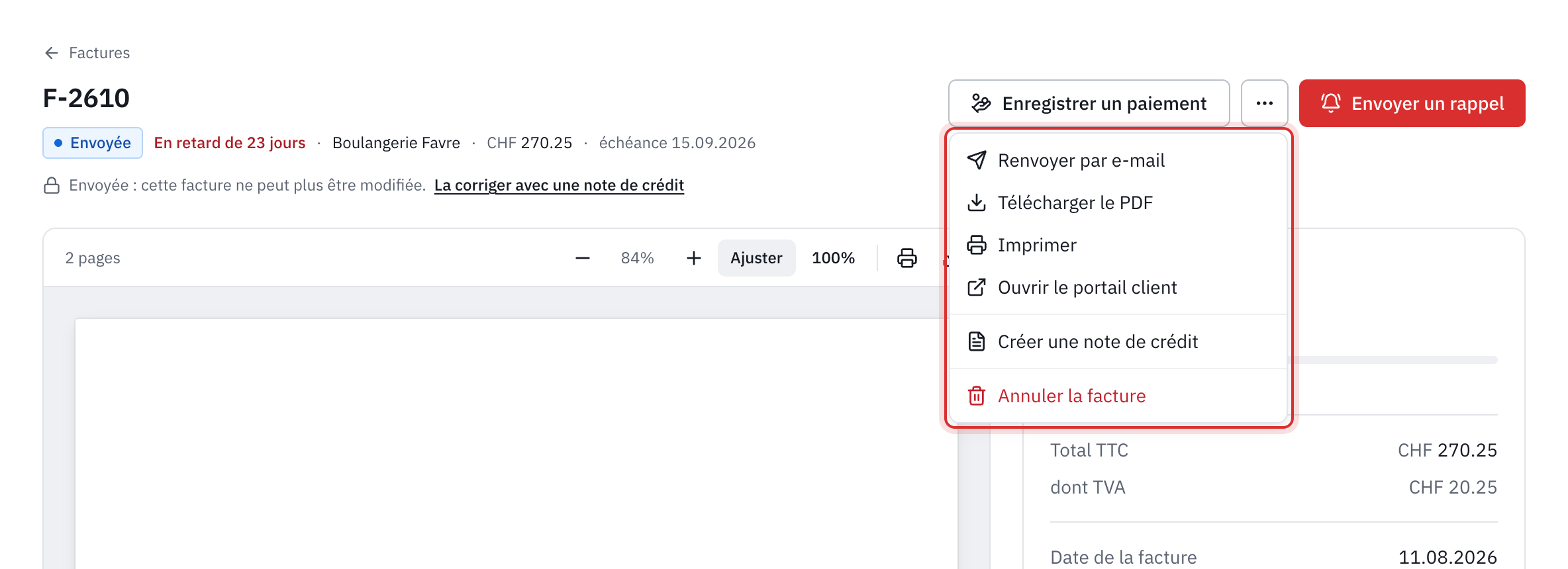 Le menu Plus d’actions d’une facture envoyée : Renvoyer par e-mail, Télécharger le PDF, Imprimer, Ouvrir le portail client, Créer une note de crédit et Annuler la facture.