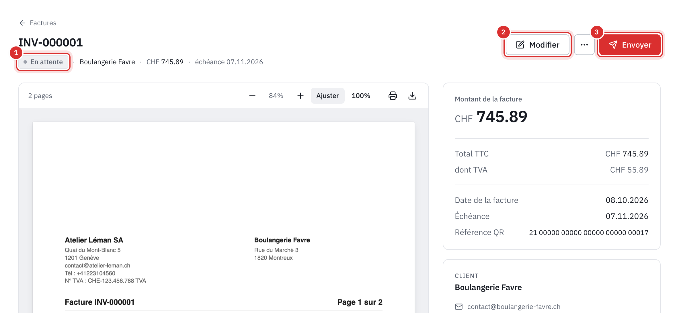 La page d’une facture en attente : son statut, les boutons Modifier et Envoyer, l’aperçu du PDF, le montant, les dates et la référence QR.