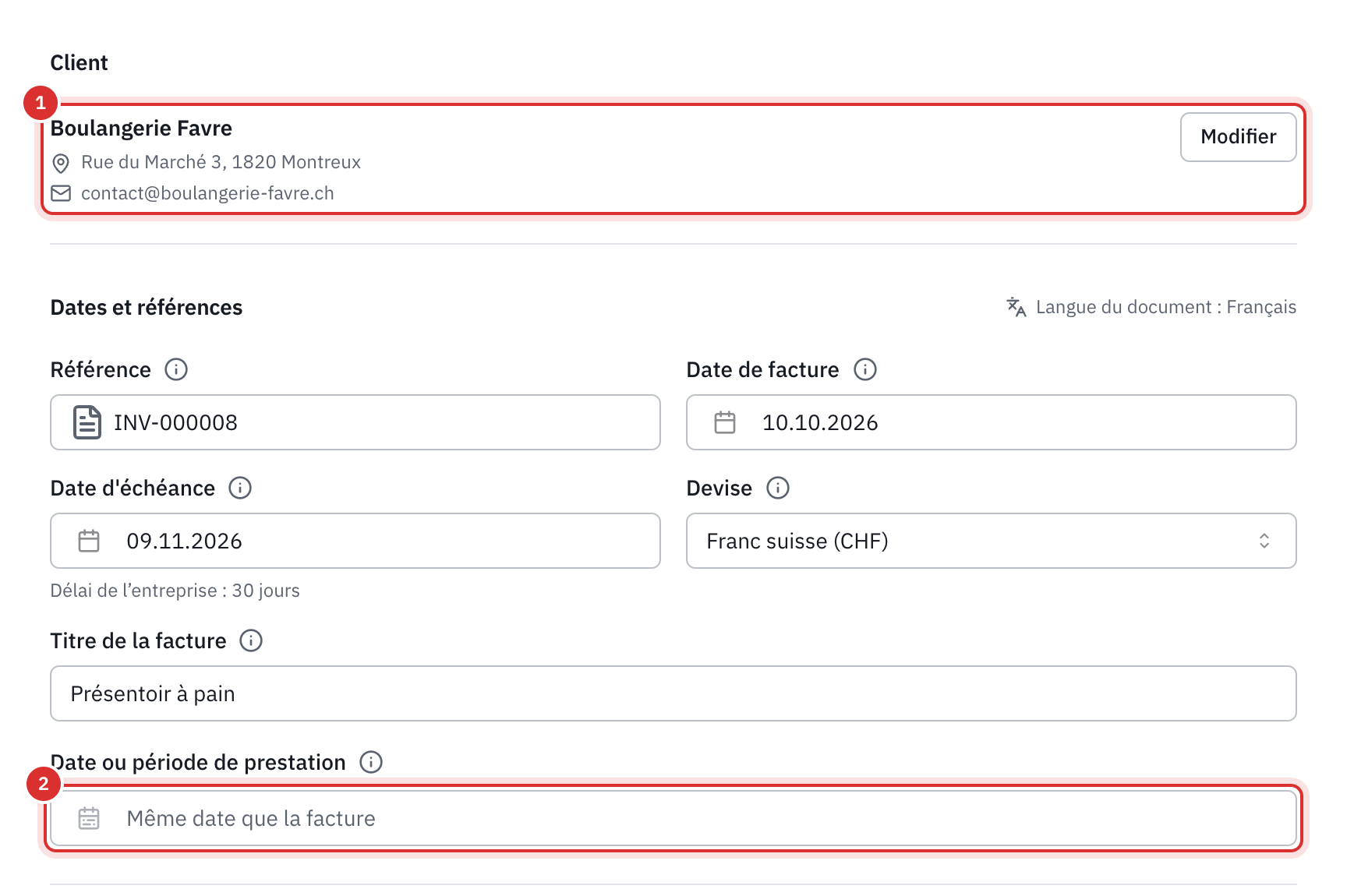 Les parties Client et Dates et références : le client choisi avec son adresse, la référence, les dates de facture et d’échéance avec le délai du client, la devise, le titre et le champ Date ou période de prestation.