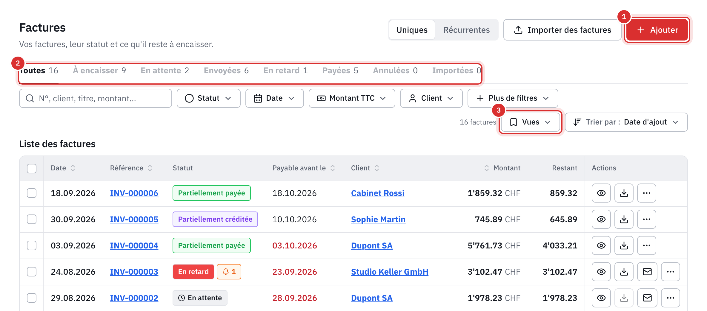 La liste des factures : le bouton Ajouter, les onglets par statut, la barre de filtres et le tableau avec la date, la référence, le statut, l’échéance, le client, le montant et le restant dû.