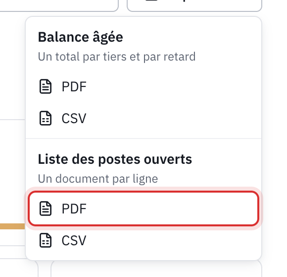 Le menu Exporter : Balance âgée en PDF ou CSV, Liste des postes ouverts en PDF ou CSV.