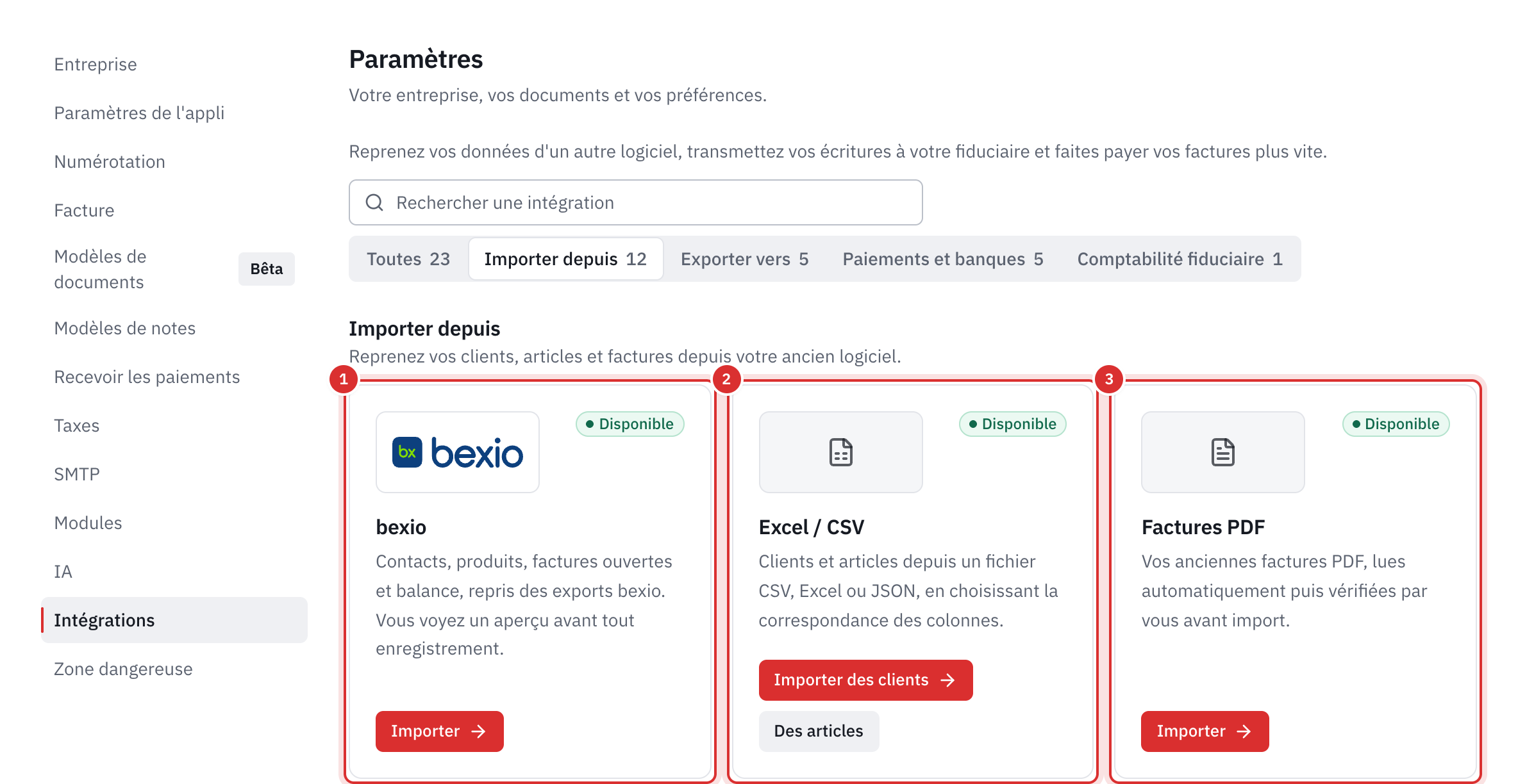 Paramètres, Intégrations, catégorie Importer depuis : les cartes bexio, Excel / CSV et Factures PDF, disponibles.
