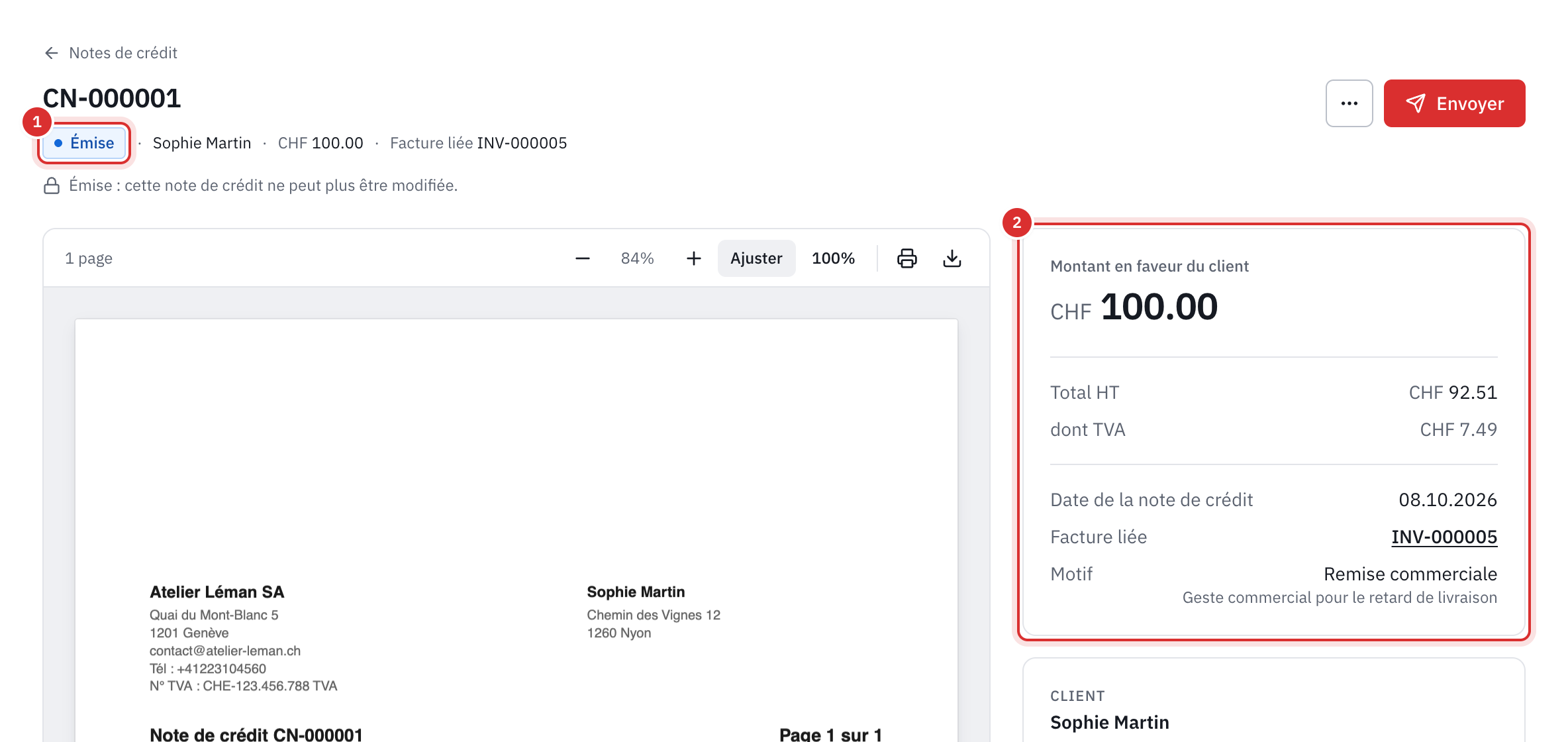 La page d’une note de crédit émise : son statut Émise, le bouton Envoyer, le montant en faveur du client, le total HT, la TVA, la facture liée, le motif et l’aperçu du PDF.