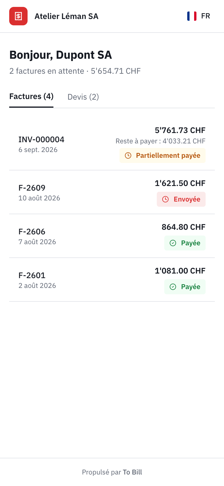 Le portail client sur un téléphone, avec la liste des factures.