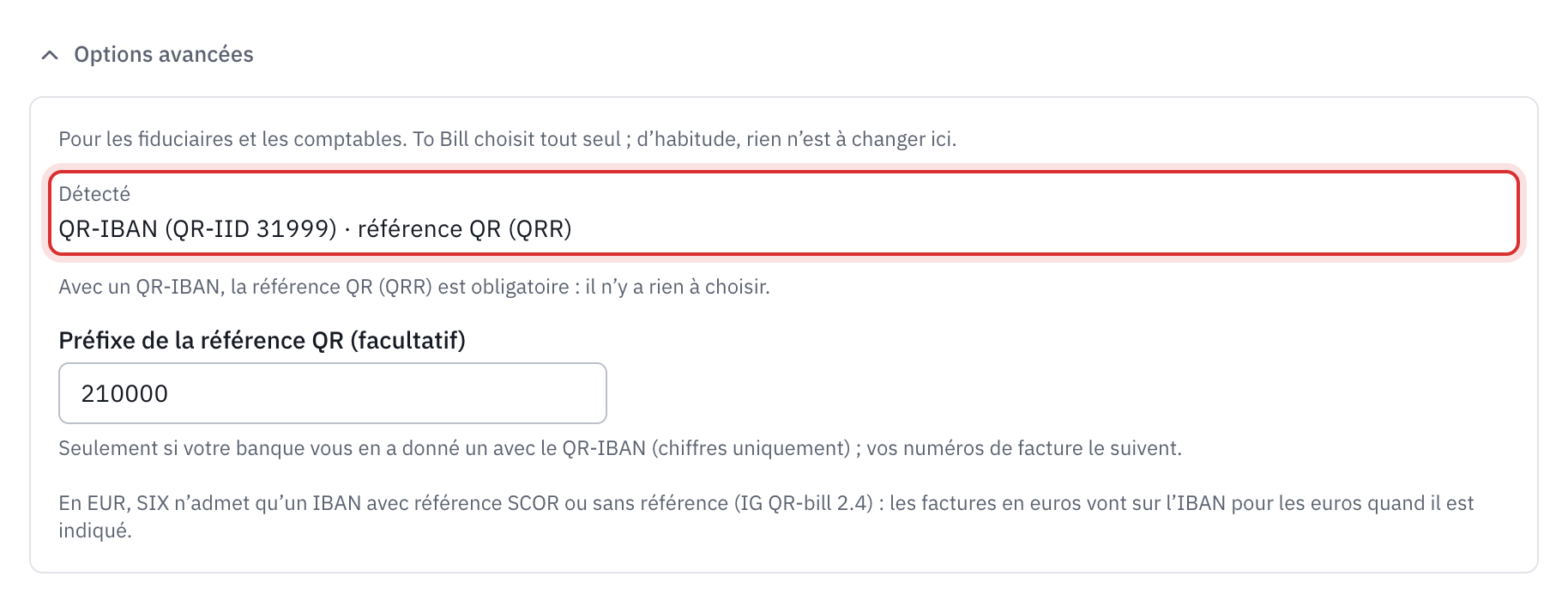 Les options avancées ouvertes pour un QR-IBAN : le type détecté QR-IBAN (QR-IID 31999) avec la référence QR (QRR), le préfixe de la référence QR et la règle des euros.