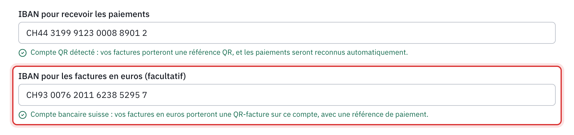 Le champ IBAN pour les factures en euros rempli, et la ligne verte : Compte bancaire suisse, vos factures en euros porteront une QR-facture sur ce compte, avec une référence de paiement.