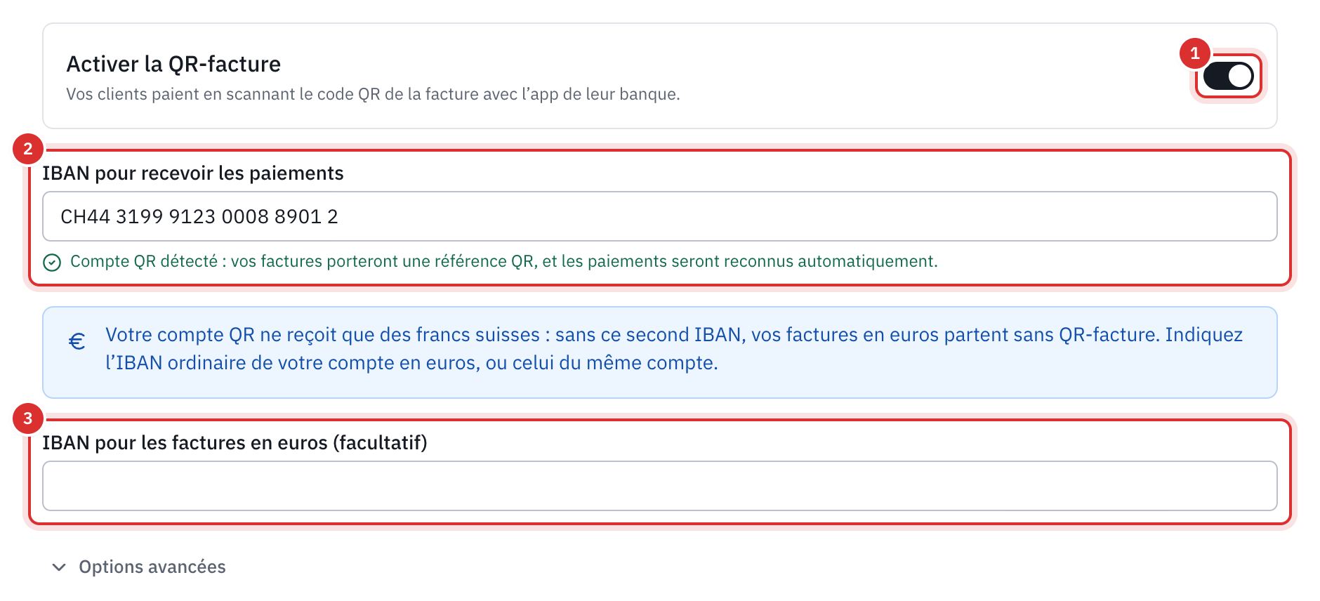 La section QR-Facture des paramètres : l’interrupteur Activer la QR-facture, le QR-IBAN dans IBAN pour recevoir les paiements, la ligne Compte QR détecté, la note sur les euros et le champ IBAN pour les factures en euros.