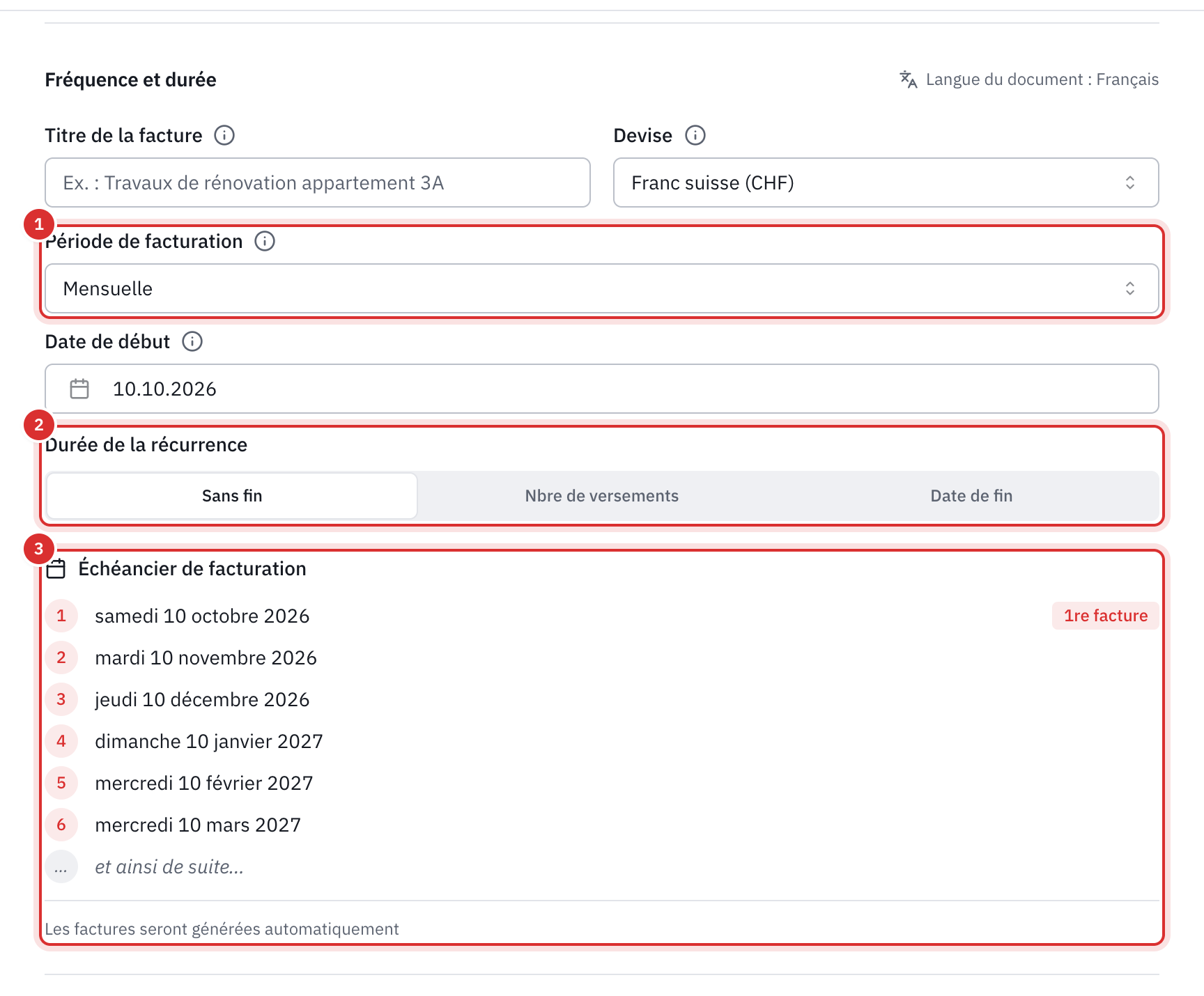 La partie Fréquence et durée d’une facture récurrente : la période Mensuelle, la date de début, la durée Sans fin et l’échéancier des six prochaines factures.