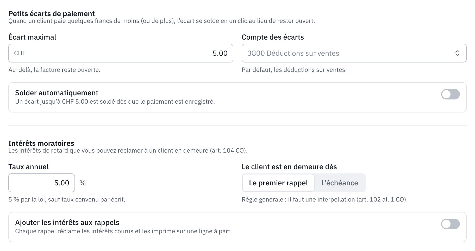 La section Écarts et intérêts moratoires : les petits écarts de paiement, le taux annuel de 5 %, le début de la demeure au premier rappel et l’option d’ajouter les intérêts aux rappels.