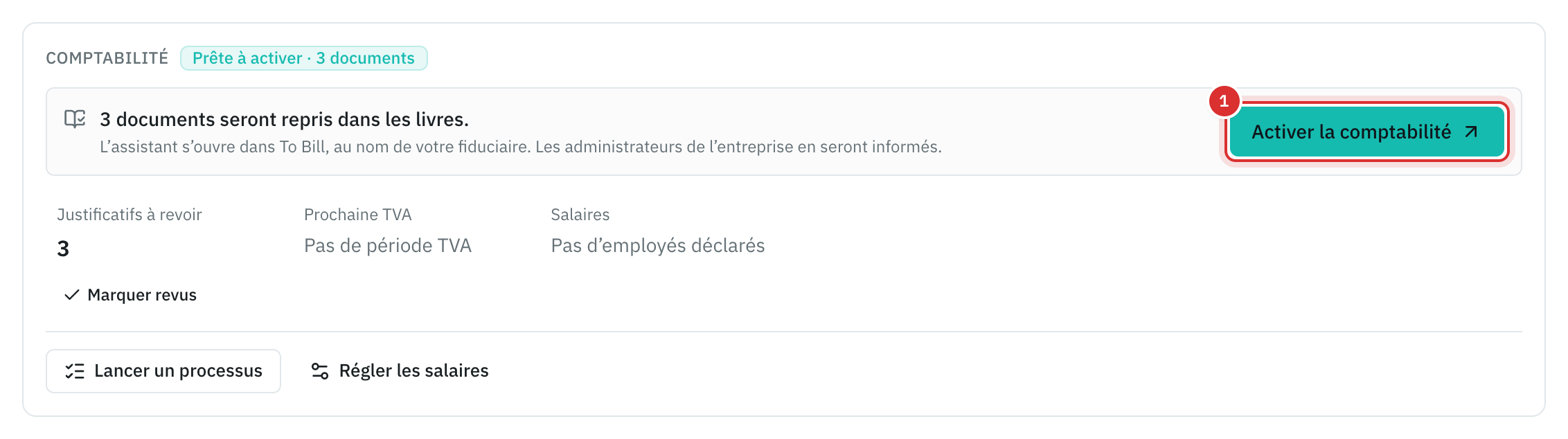 La carte Comptabilité d’un mandat prêt à activer : trois documents seront repris, et le bouton Activer la comptabilité.