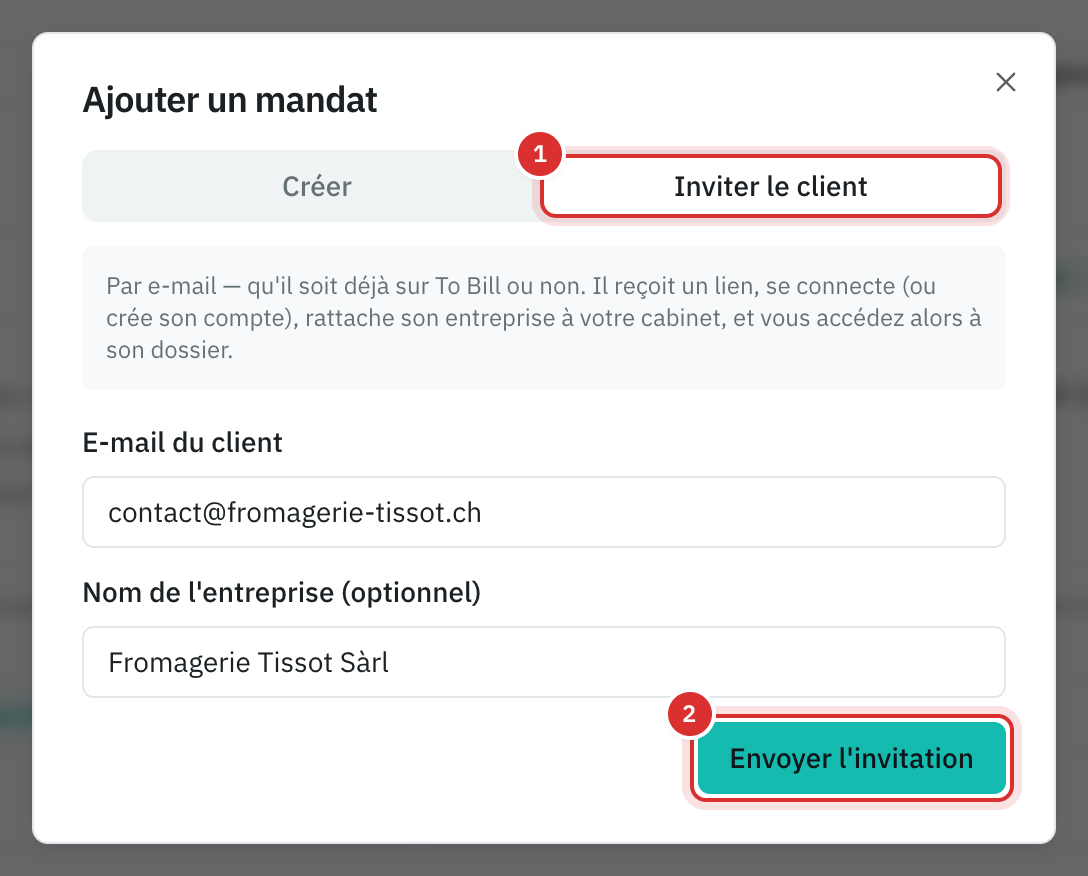 Dritarja Ajouter un mandat, skeda Inviter le client: e-maili i klientit, emri i kompanisë së tij dhe butoni Envoyer l'invitation.