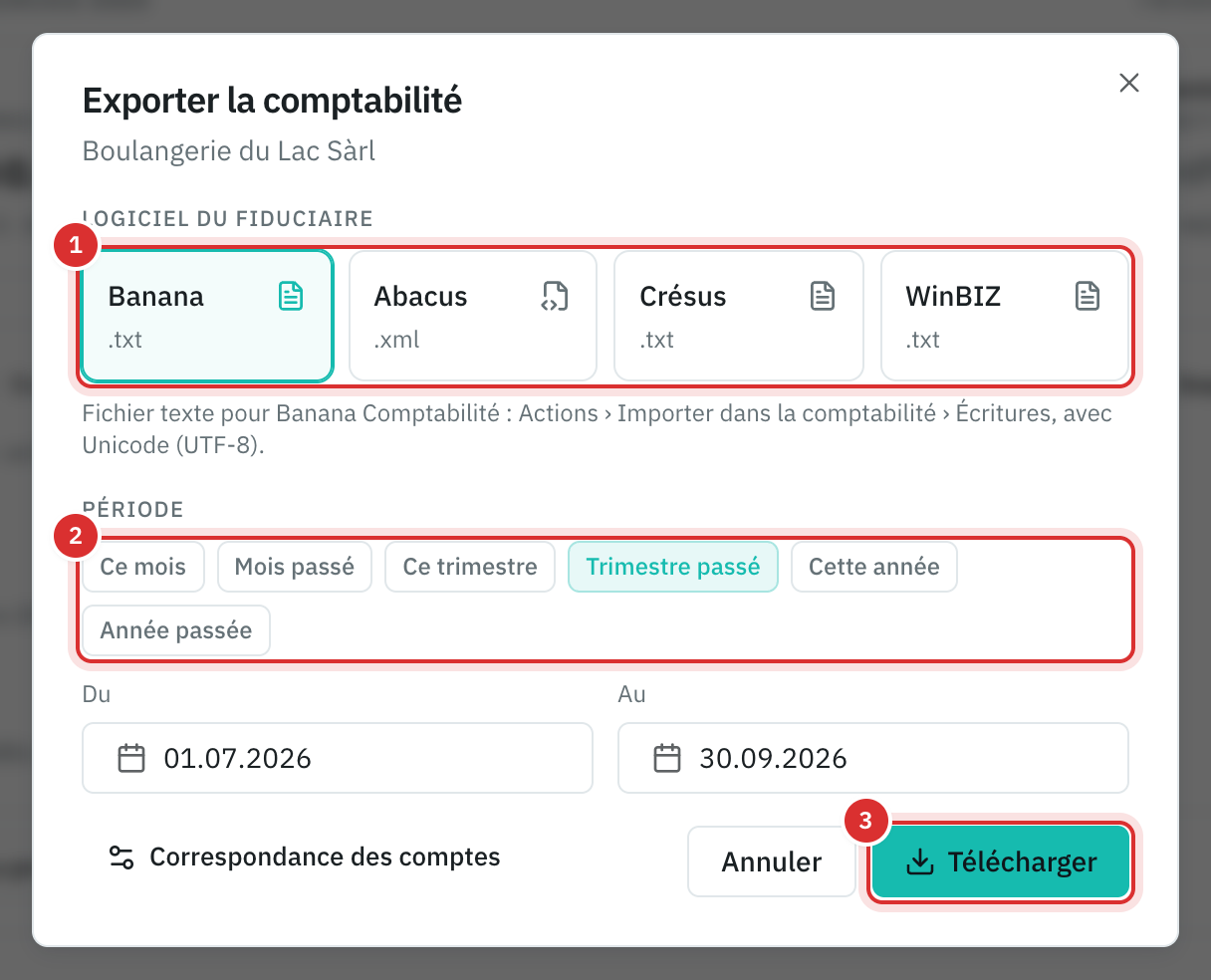 La ventana Exporter la comptabilité: Banana elegido, el período del trimestre pasado y el botón Télécharger.