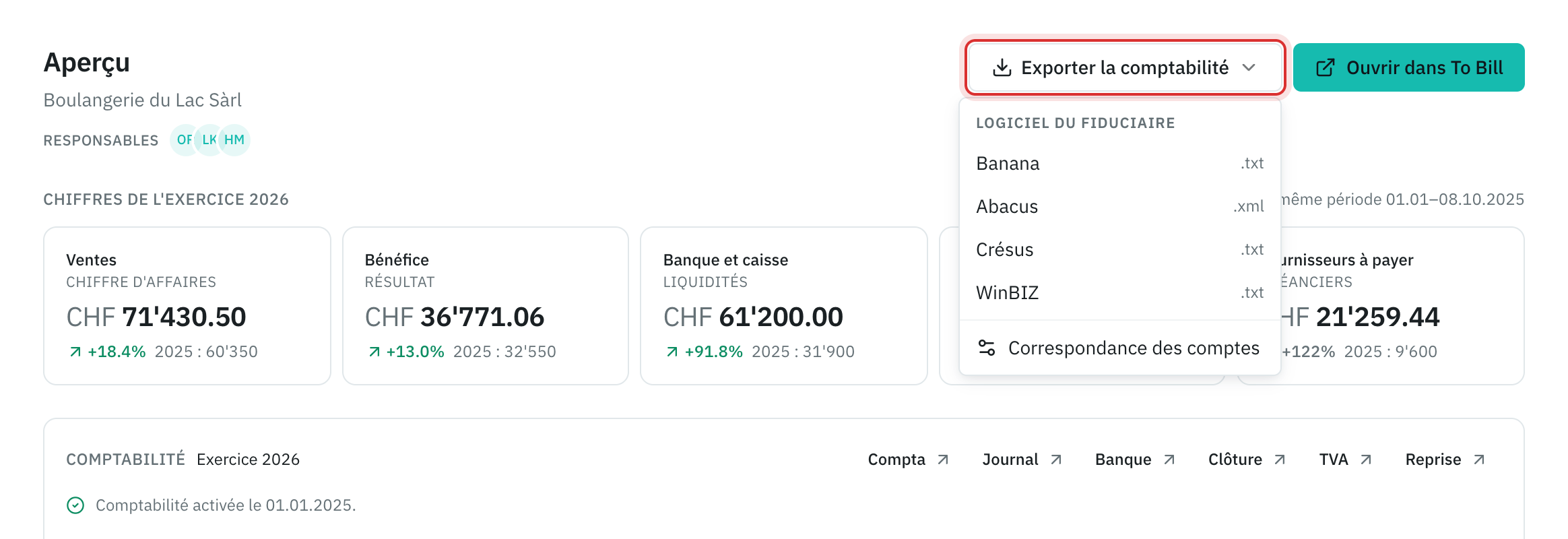 El menú Exporter la comptabilité: Banana, Abacus, Crésus, WinBIZ y Correspondance des comptes.