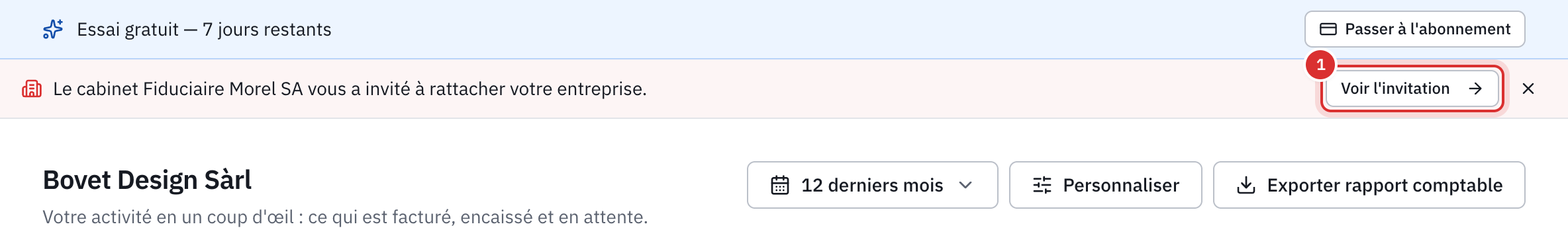 Le tableau de bord du client avec le bandeau de l’invitation du cabinet et le bouton Voir l’invitation.