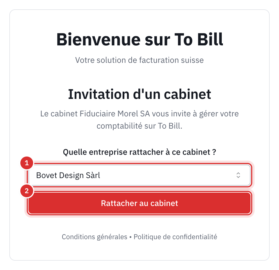 La page Invitation d’un cabinet : le choix de l’entreprise et le bouton Rattacher au cabinet.
