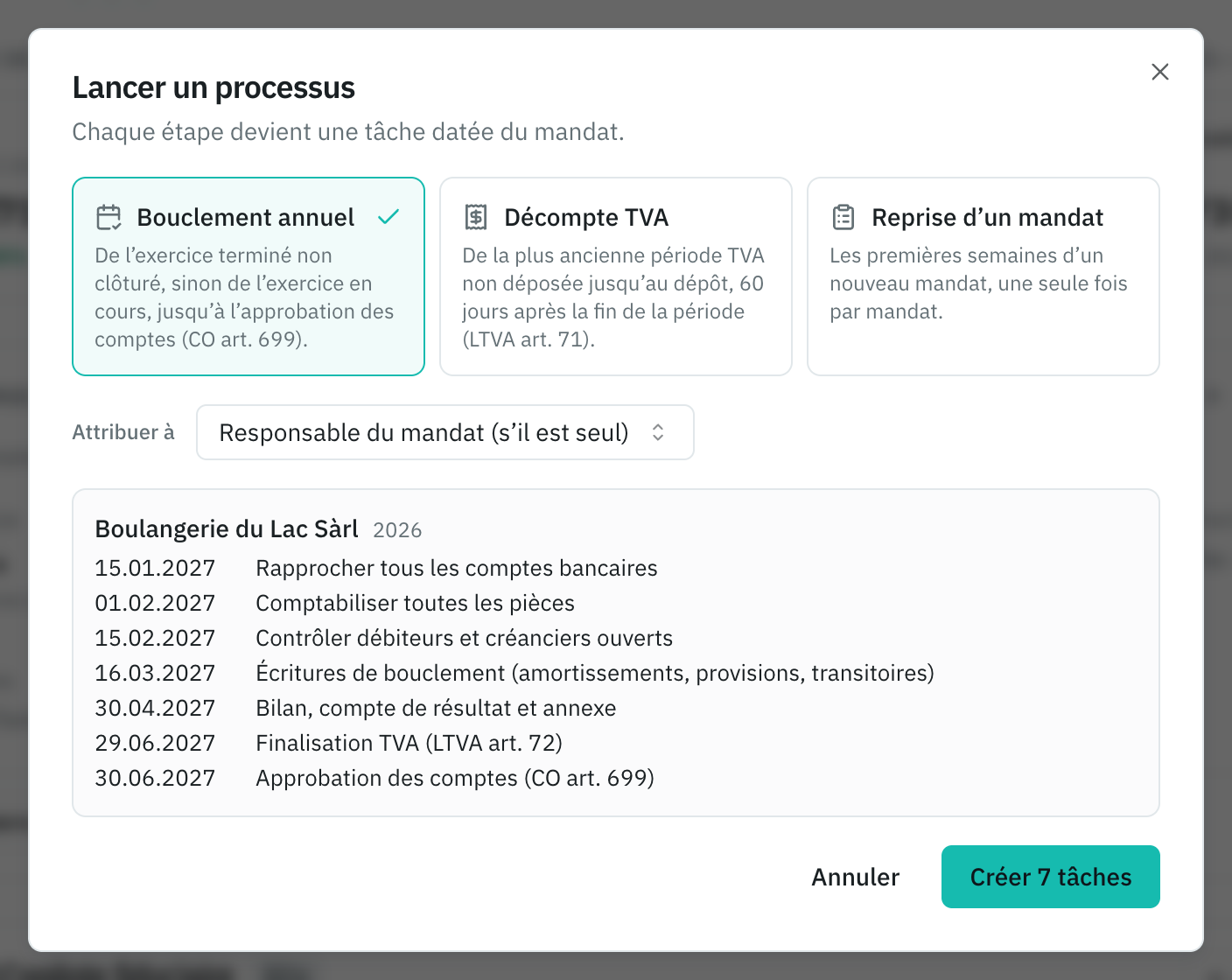 La ventana Lancer un processus: Bouclement annuel elegido, sus siete etapas con fecha y el botón Créer 7 tâches.