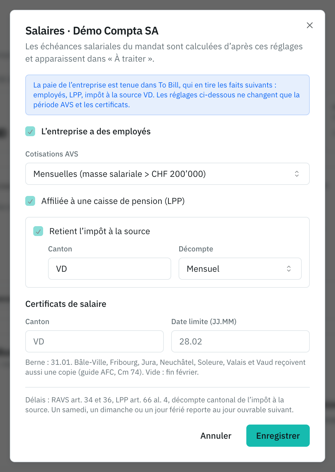 La fenêtre Salaires d’un mandat : les employés, la périodicité AVS, la LPP, l’impôt à la source et les certificats de salaire.