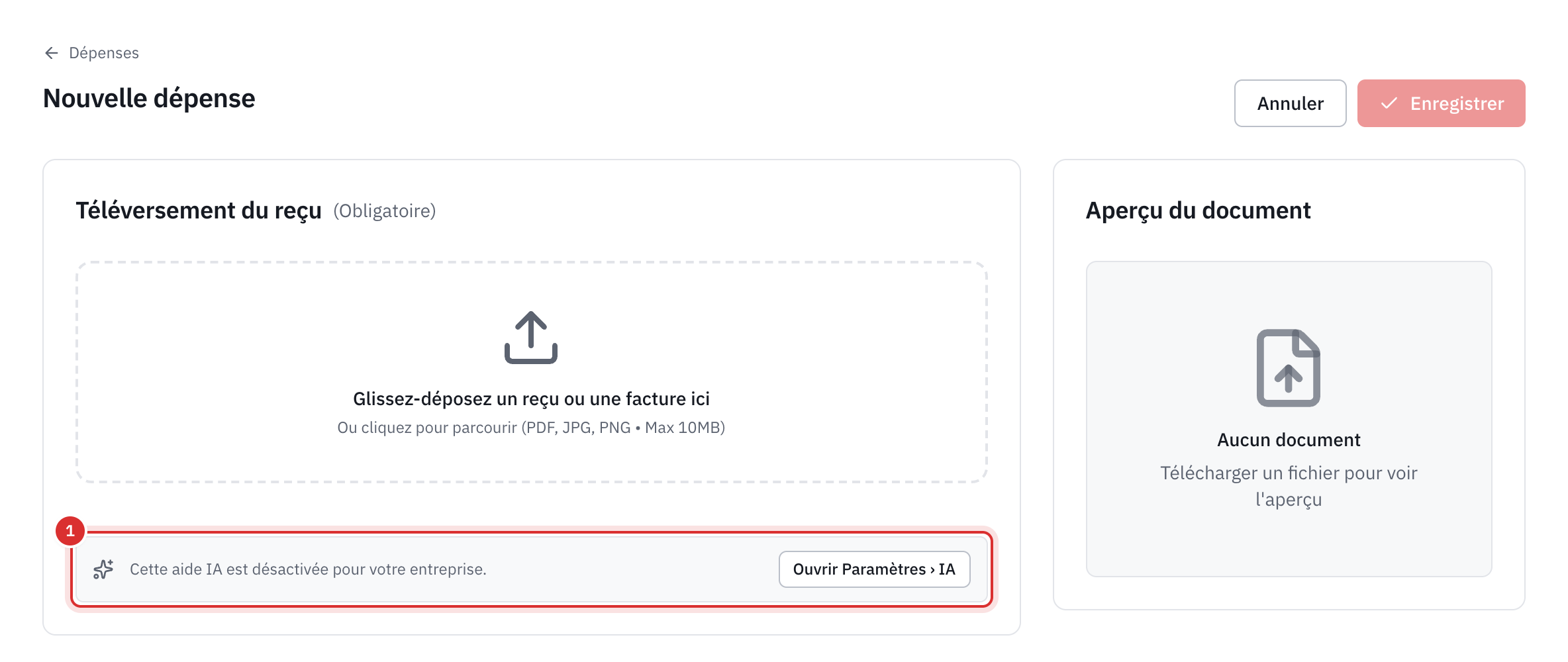 La page Nouvelle dépense d’une entreprise sans IA : sous la zone du reçu, la note Cette aide IA est désactivée pour votre entreprise, avec le bouton Ouvrir Paramètres, IA.
