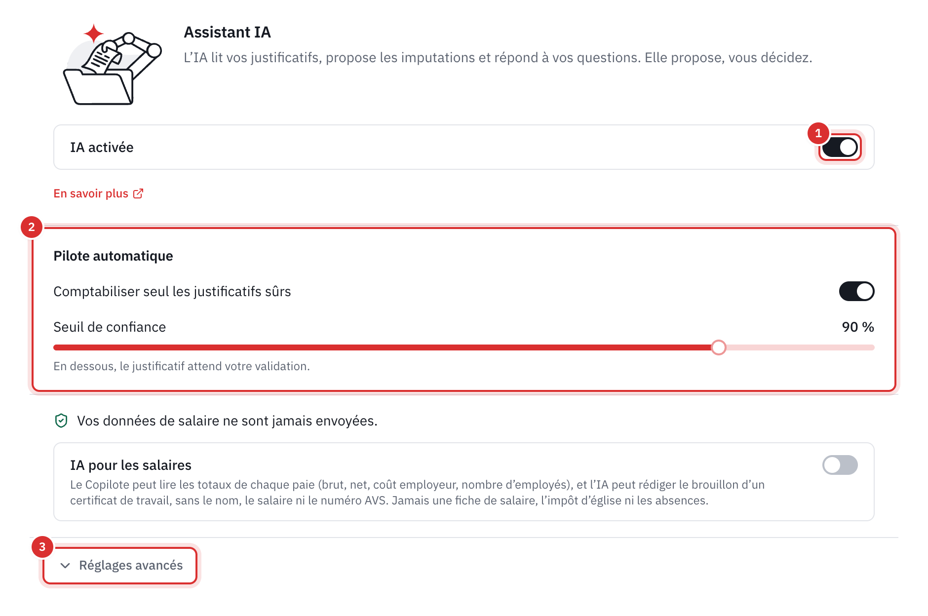 La page Paramètres, IA : l’interrupteur IA activée, le pilote automatique et le lien Réglages avancés.