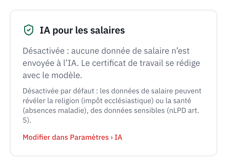 La carte IA pour les salaires de la page Salaires, Assurances : Désactivée, aucune donnée de salaire n’est envoyée à l’IA, la raison, et le lien Modifier dans Paramètres, IA.