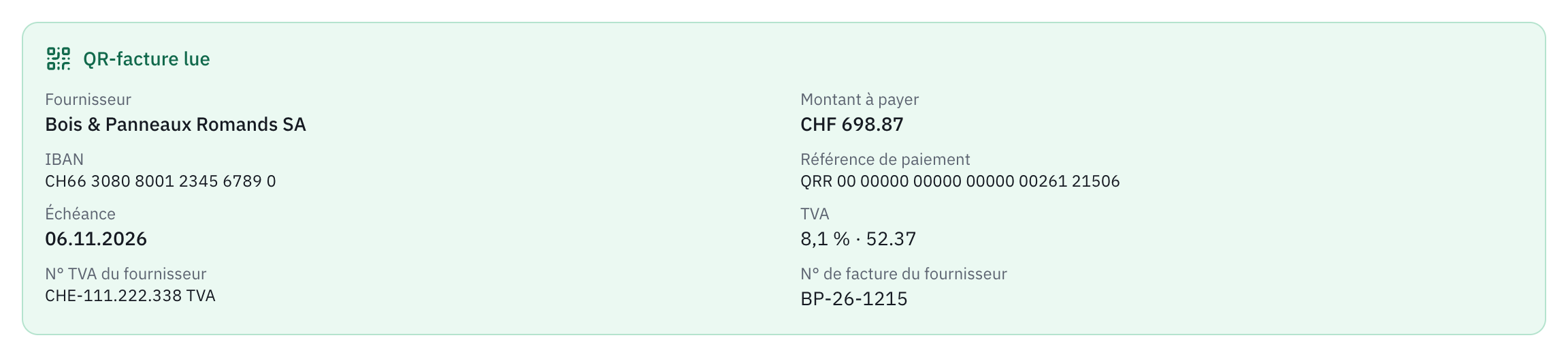 Le cadre QR-facture lue : le fournisseur, le montant à payer, l’IBAN, la référence QR, l’échéance, la TVA à 8,1 %, le numéro TVA et le numéro de la facture du fournisseur.
