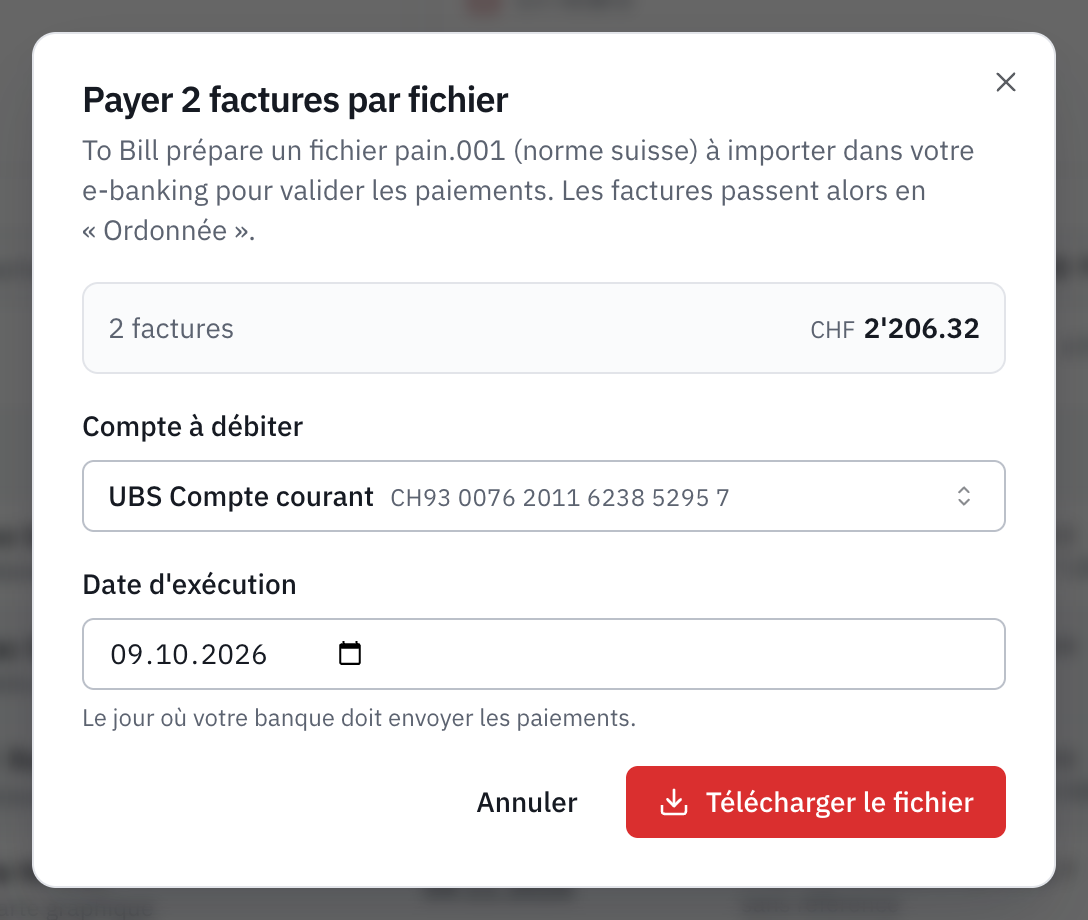 La fenêtre Payer 2 factures par fichier : le total, le compte à débiter UBS Compte courant, la date d’exécution et le bouton Télécharger le fichier.